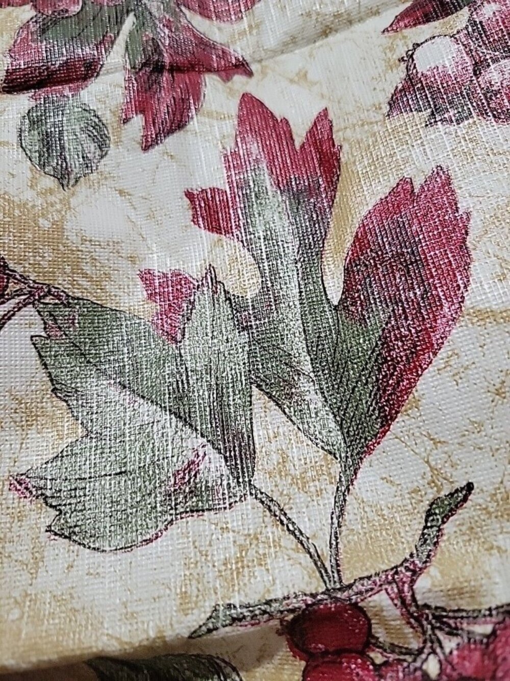 Leaves Fruit Vinyl Flannel Back Tablecloth Red Green Beige 58x100 In NEW